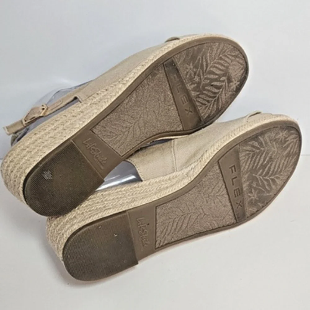 LifeStride Socialite Espadrille Wedge Tan Fabric Peep Toe Sandals Womens 6M NWOB